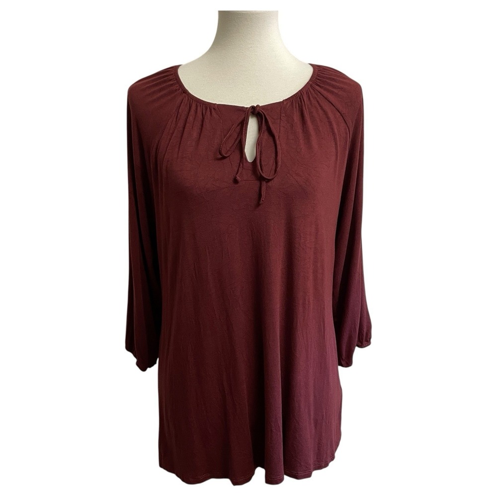 LuLaRoe Amy Top Women L Burgundy 3/4 Sleeve Scoop Neck Tie Detail Blouse